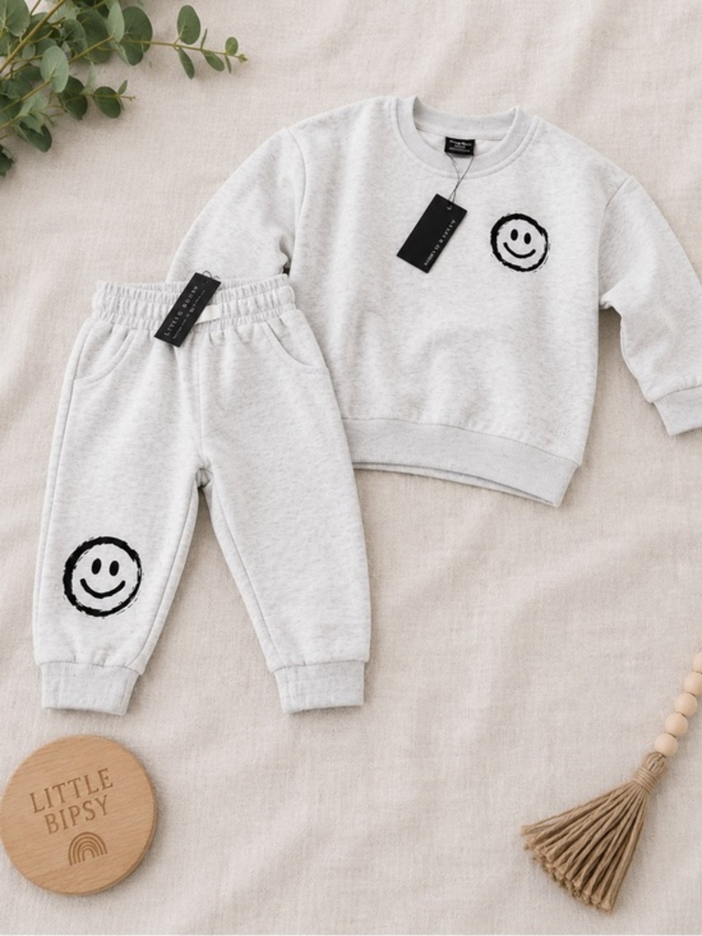 Little Bipsy Happy Day Elevated Sweat pant Jogger and Crew Set Light Grey